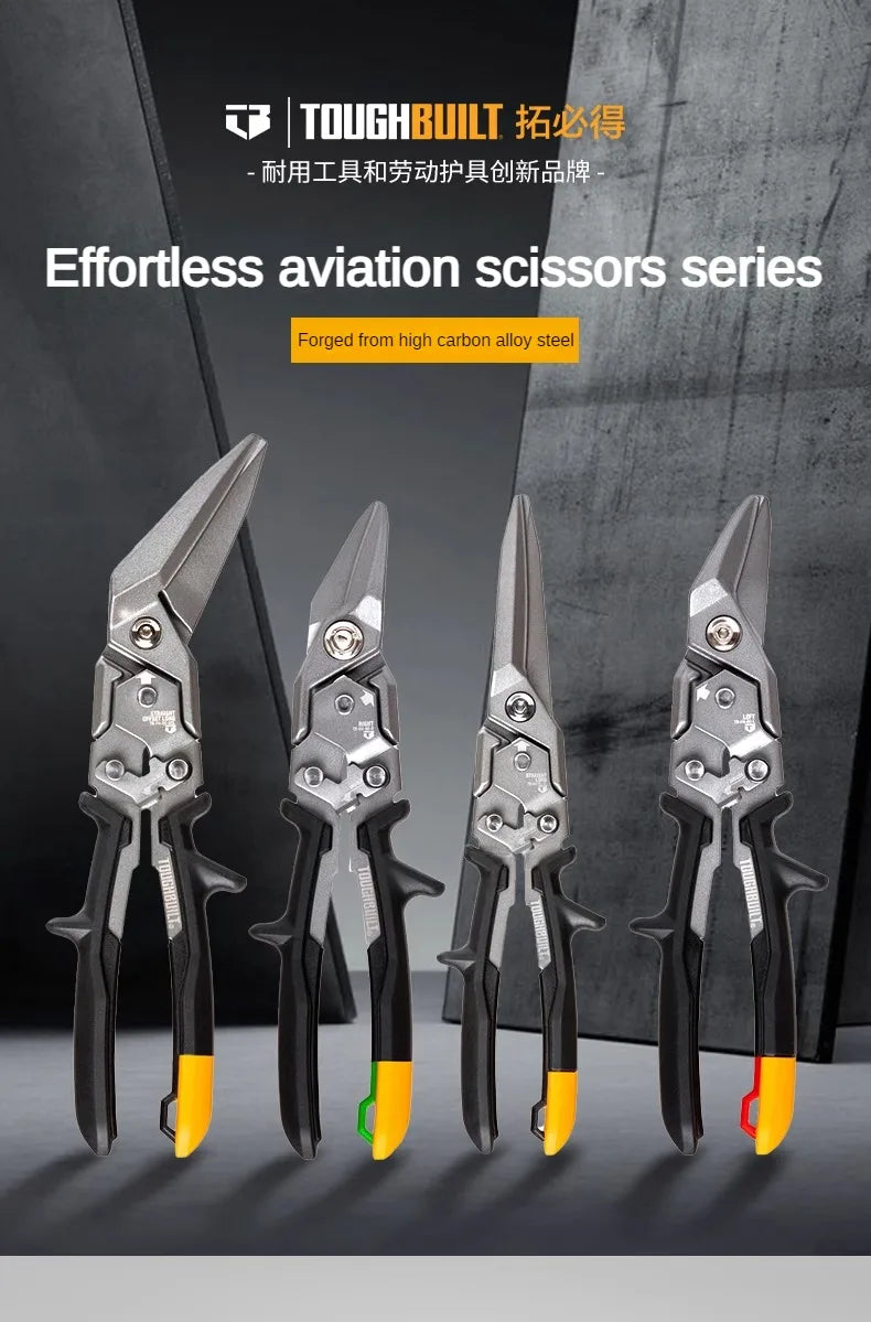 ToughBuilt Aviation Snips | Carbon Steel Cut Shears — Left, Right, Straight & Offset Long