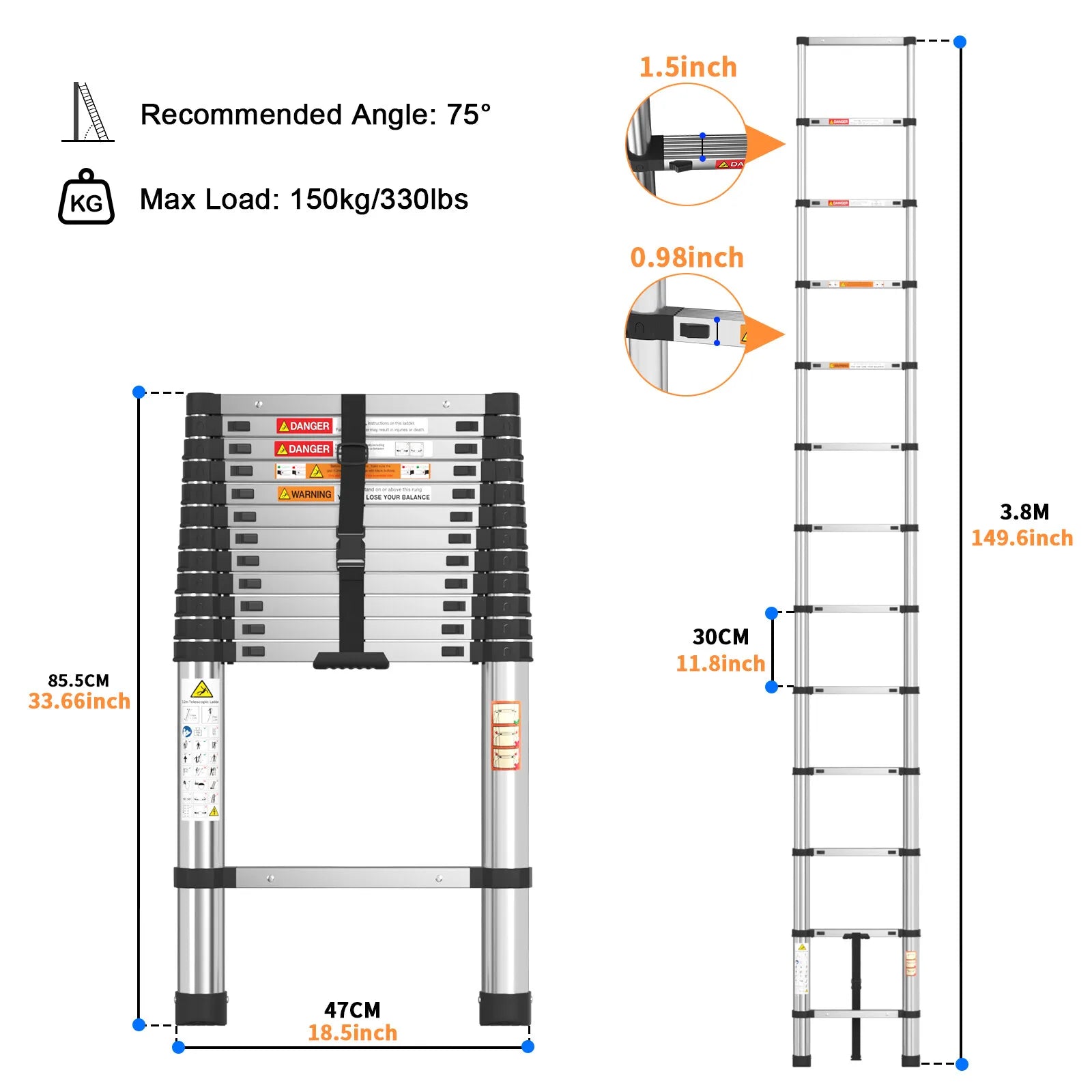 Pro Telescopic Extension Ladder | Stainless Steel Non-Slip Folding Ladder — 2.6M, 3.2M & 3.8M