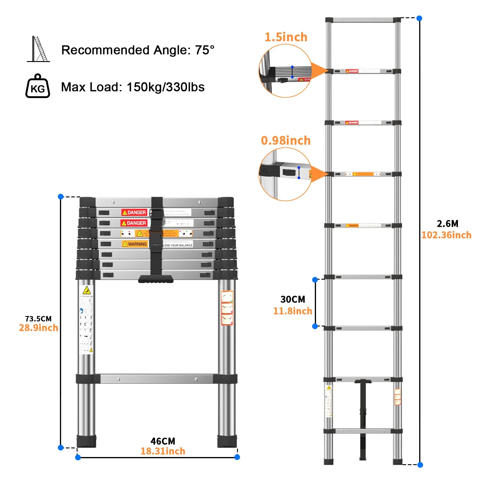 Pro Telescopic Extension Ladder | Stainless Steel Non-Slip Folding Ladder — 2.6M, 3.2M & 3.8M