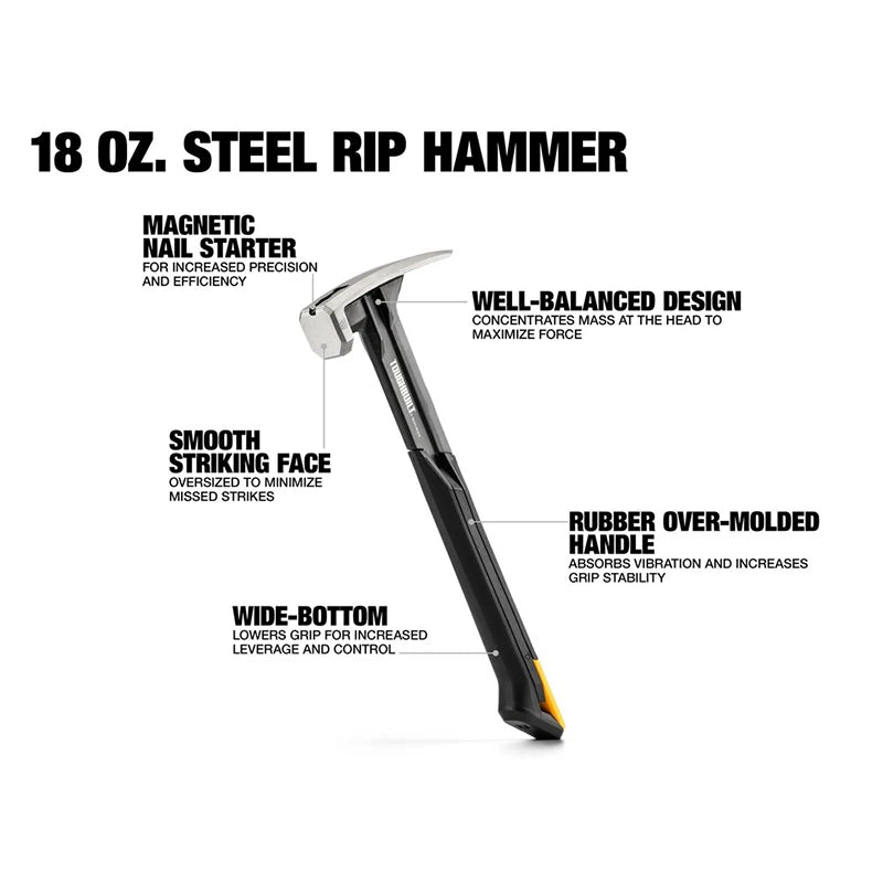 ToughBuilt Steel Rip Hammer | Smooth Face with Magnetic Nail Starter — 16 oz & 18 oz