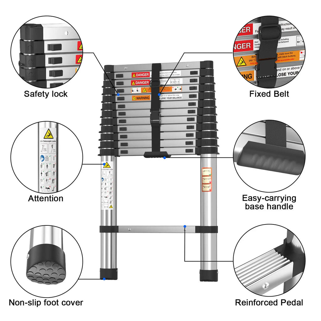 Pro Telescopic Extension Ladder | Stainless Steel Non-Slip Folding Ladder — 2.6M, 3.2M & 3.8M