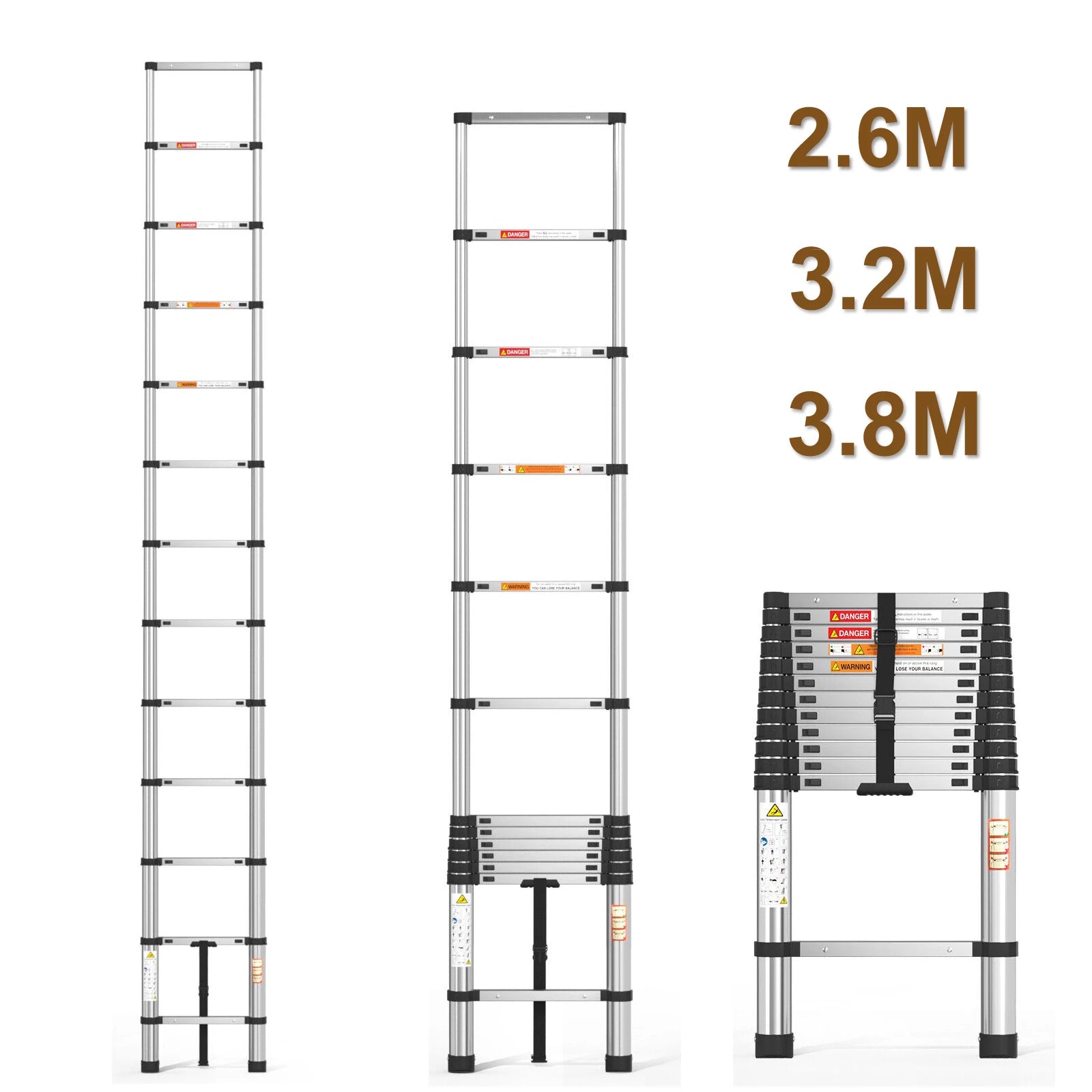 Pro Telescopic Extension Ladder | Stainless Steel Non-Slip Folding Ladder — 2.6M, 3.2M & 3.8M