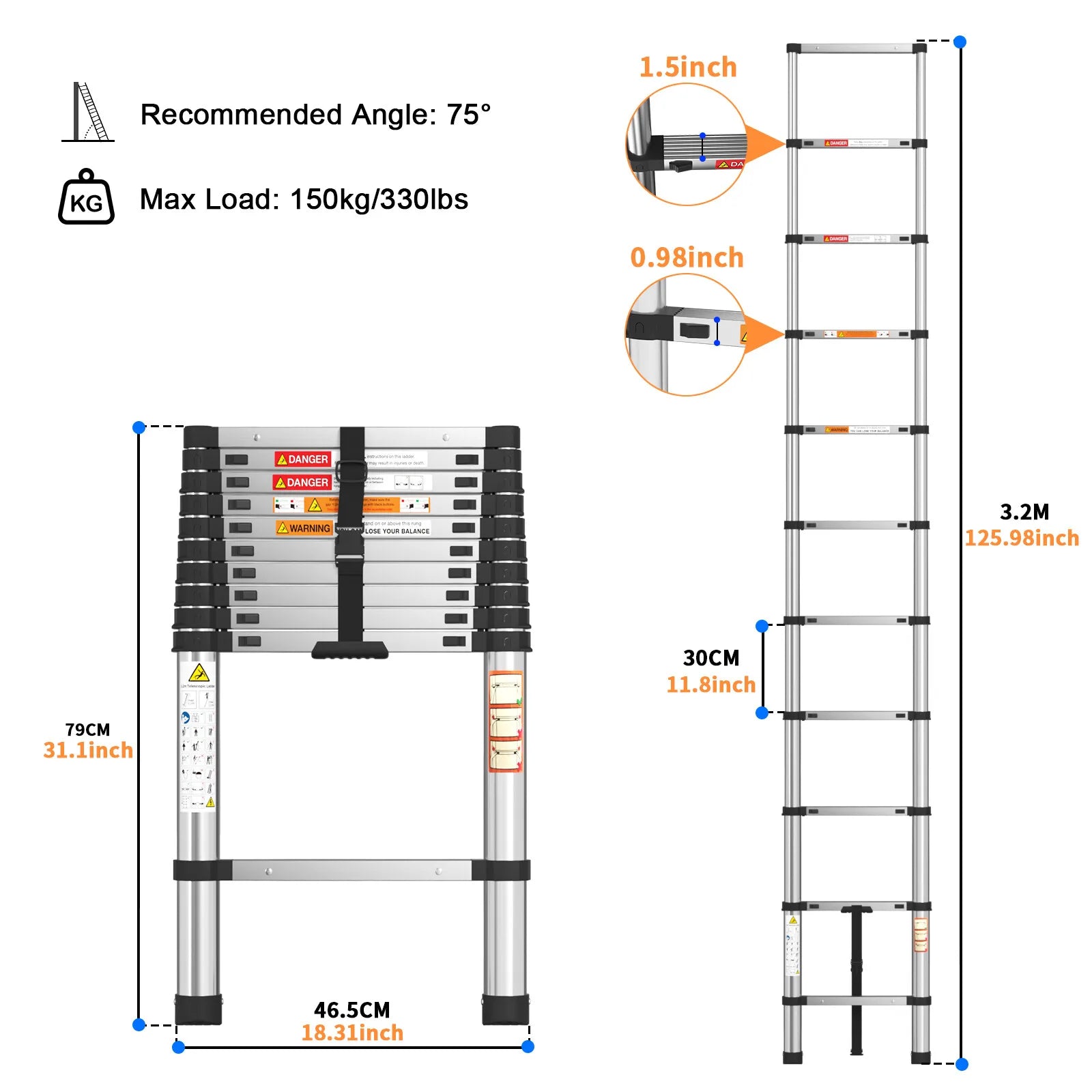 Pro Telescopic Extension Ladder | Stainless Steel Non-Slip Folding Ladder — 2.6M, 3.2M & 3.8M