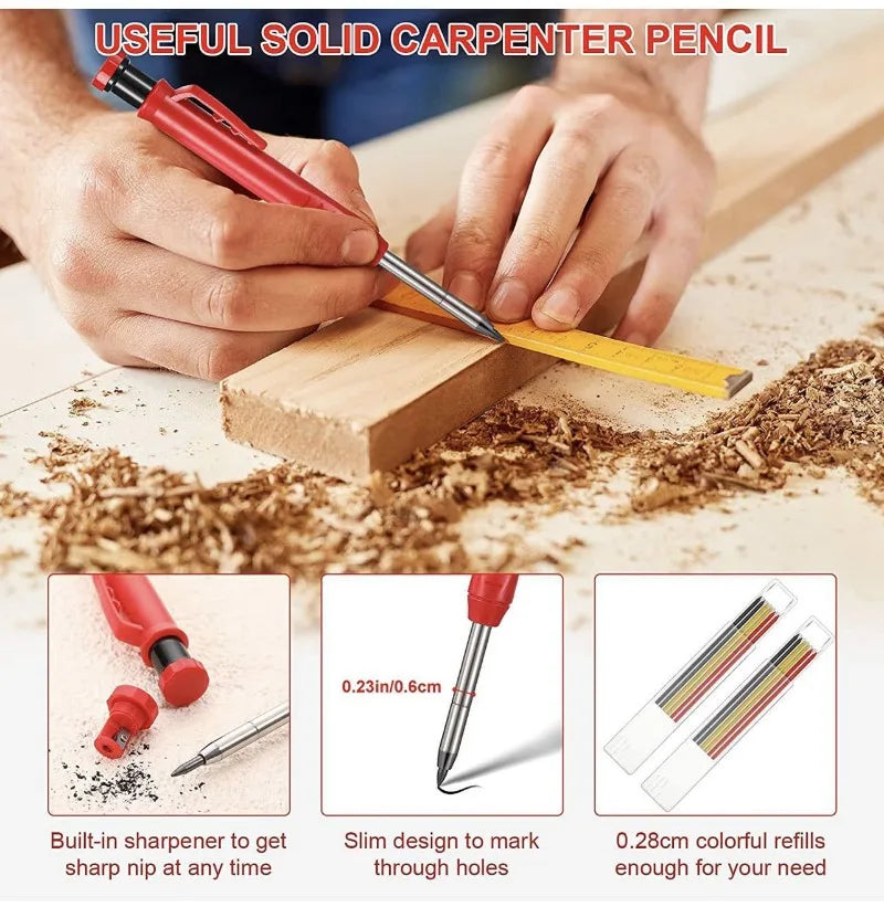 Pro Solid Carpenter Marking Pencil | Mechanical Woodworking Scriber with Lead Refills — Red, Black & Refill Packs